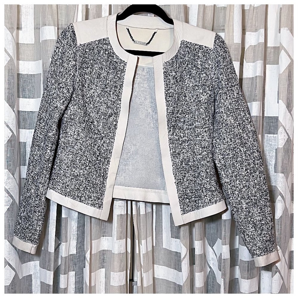 Elie Tahari Jacket Blue Tweed & White Leather